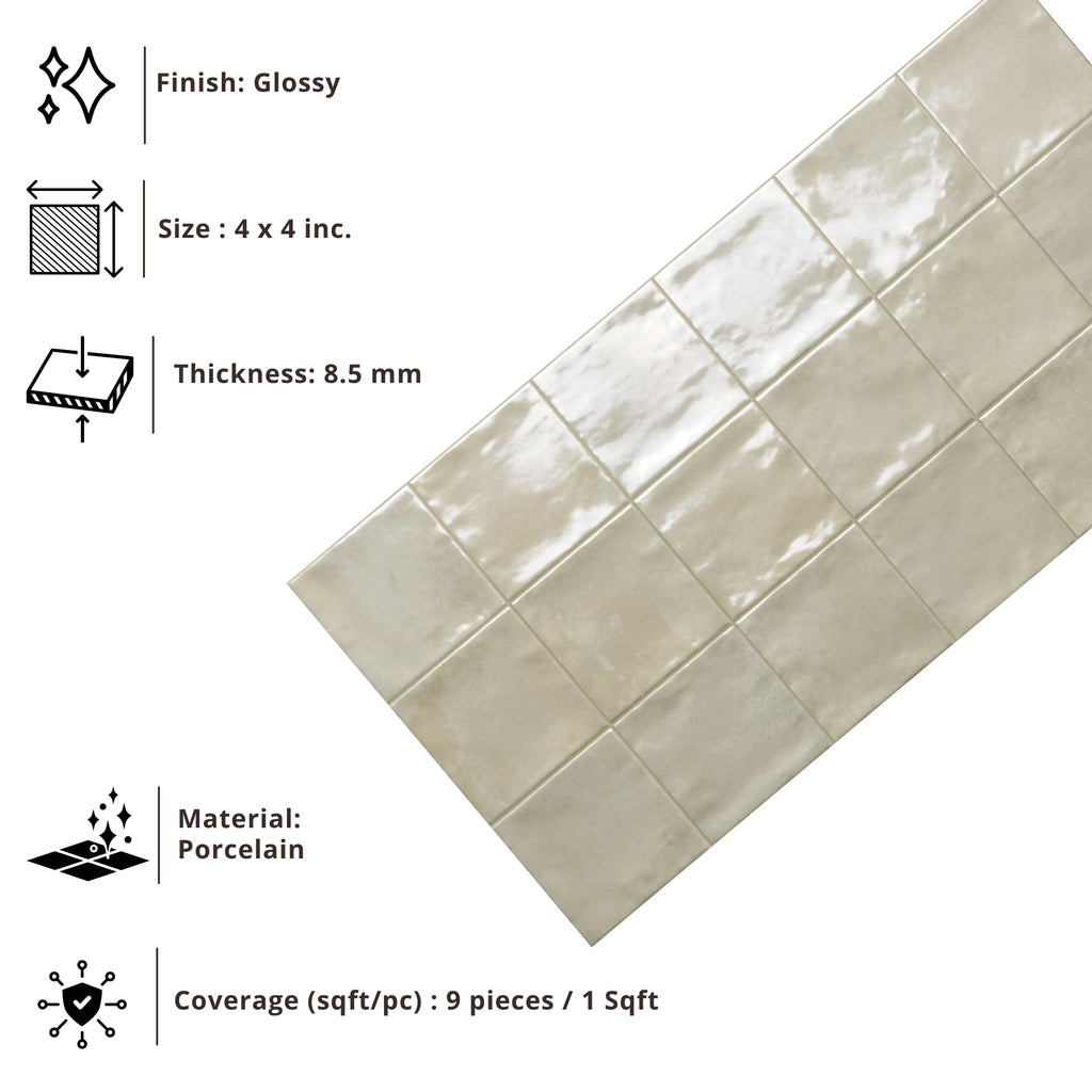 Ivory Glossy Porcelain Subway Zellige Look Tile - 4x4 Inches Wall and Floor, Backsplash, Shower, Fireplace Accent