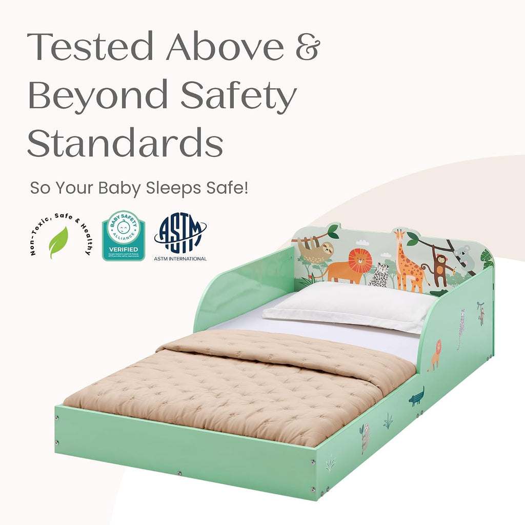 Safari Wood Floor Toddler Bed with Reusable Stickers, Green