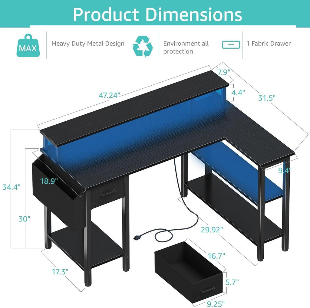 L Shaped Gaming Desk with Storage Shelves, 47 inch Home Office Desk with Monitor Stand, Computer Desk with LED