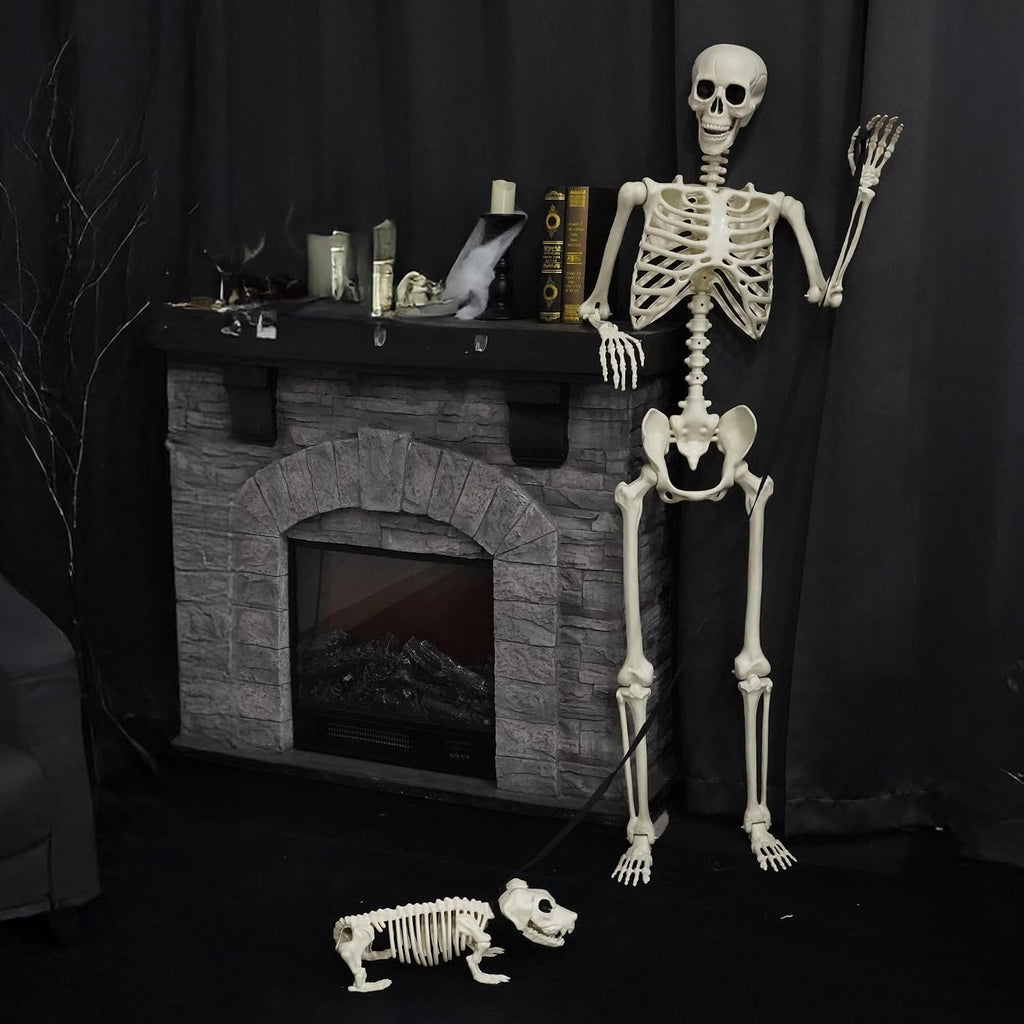 5.4FT Halloween Skeletons Decoration, Posable Life Full Size Skeleton with Dog Skeleton, Realistic Plastic Human - Set of 3