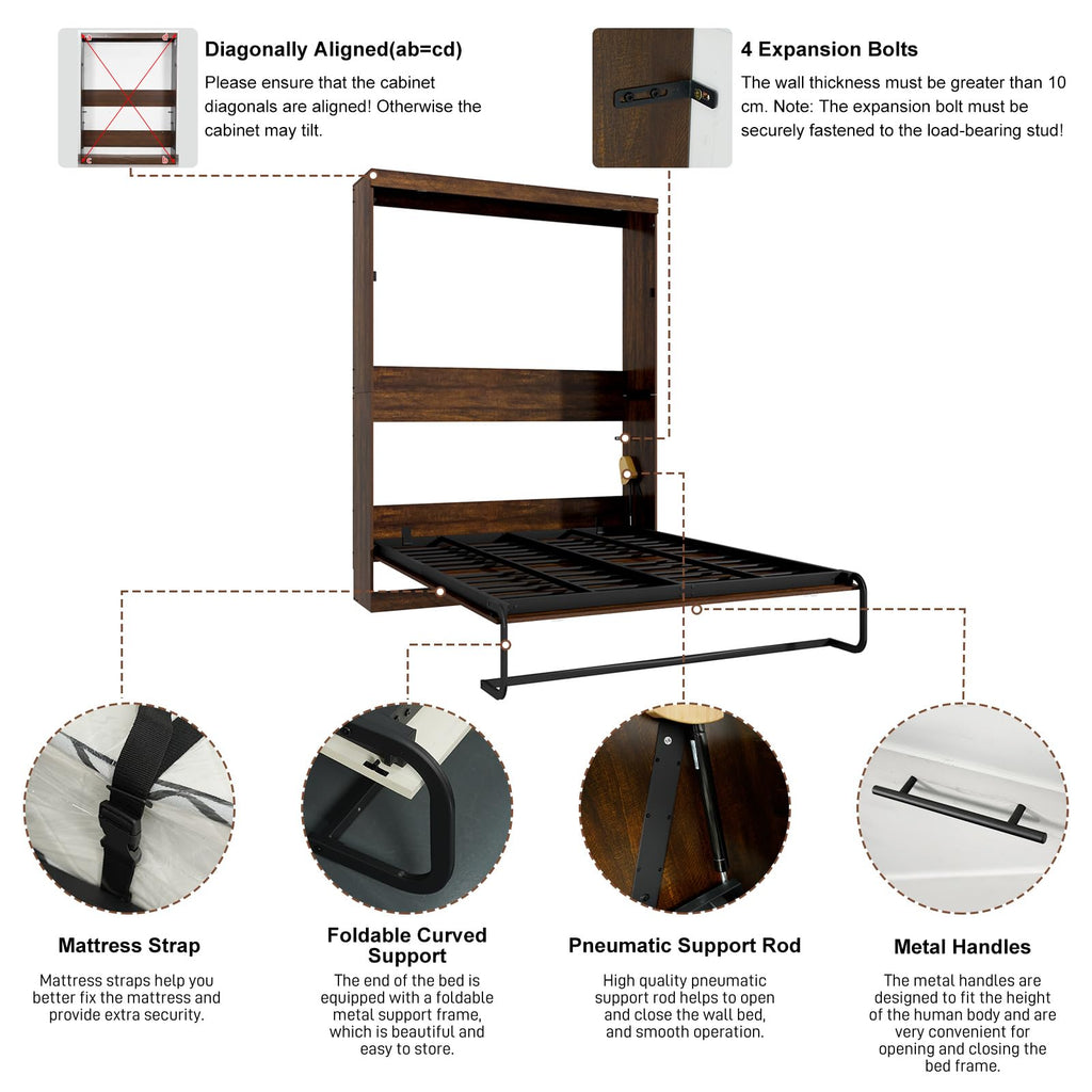Queen Size Murphy Bed with 2 LED Lights, Farmhouse Wood Hidden Foldable Wall Bed Frame w/Gas Struts, Storage Bed