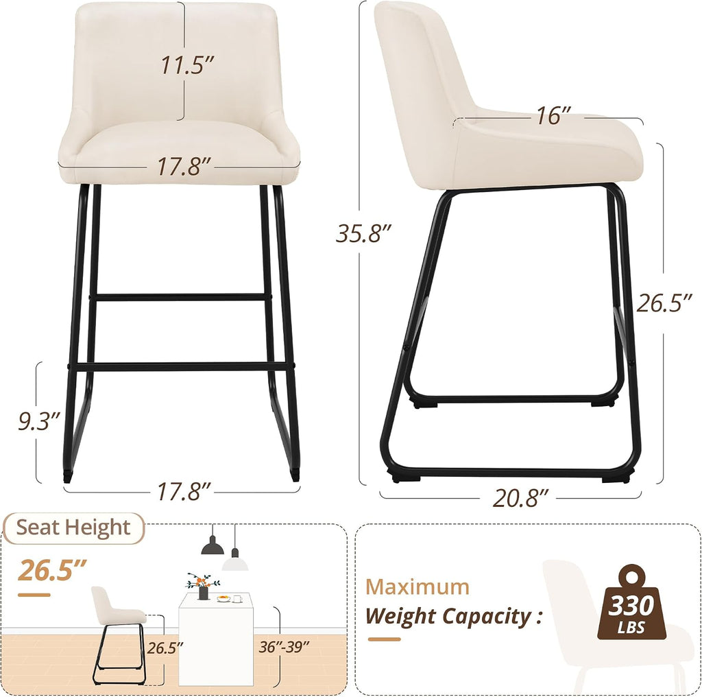 26 Inch Counter Height Bar Stools Set of 4, Faux Leather Upholstered Barstools, Barstool with Back, Comfortable Bar