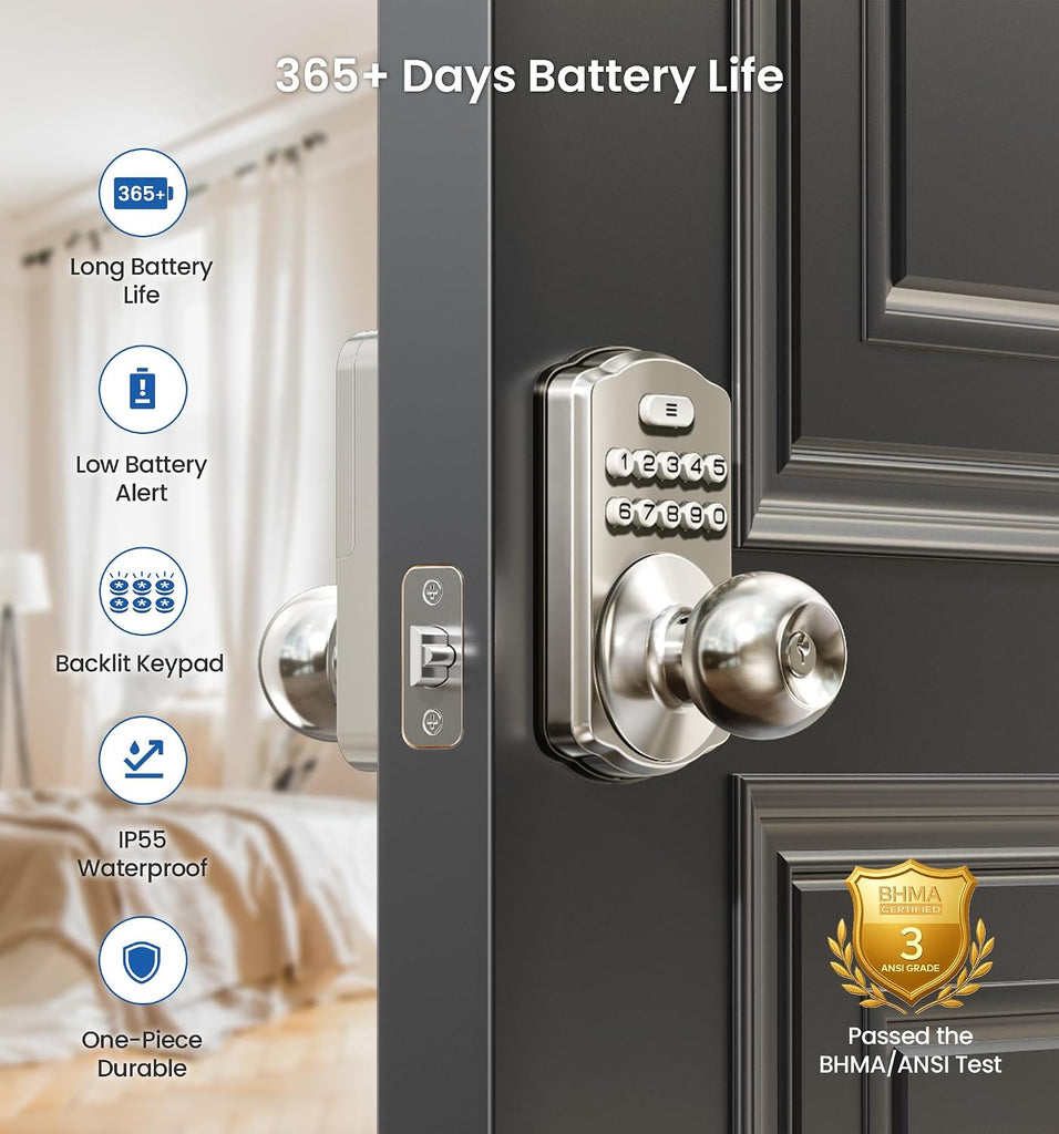 Keypad Door Knob, Keyless Entry Lock with Handle, Satin Nickel