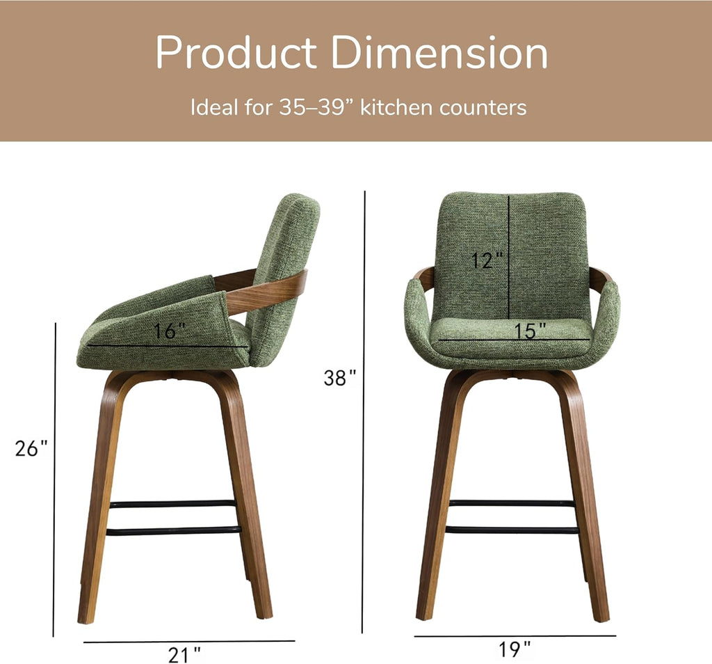 Counter Height Swivel Bar Stools Set of 2, 26" Linen Fabric Counter Stools with Walnut Bentwood Back, Cozy