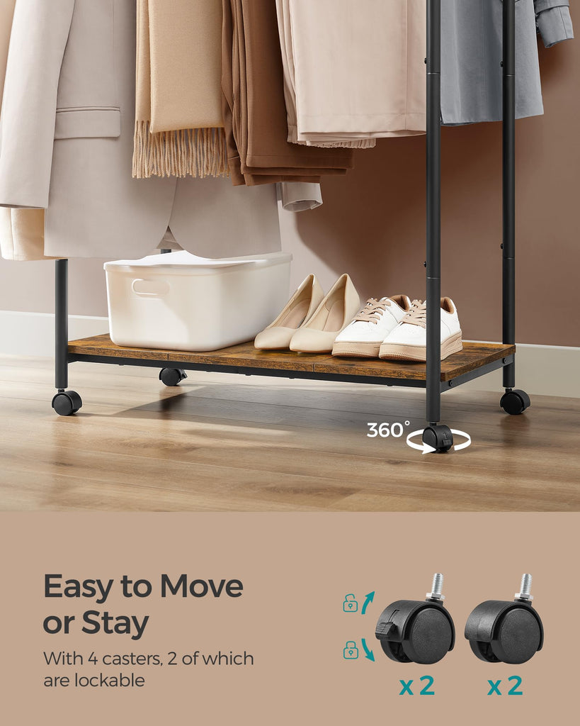 Clothes Rack with Wheels, Steel Garment Rack with Shelf