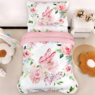 4 Piece Toddler Bedding Set for Girls, Butterfly Toddler Comforter Set, Ultra Soft Toddler Bed Set Includes