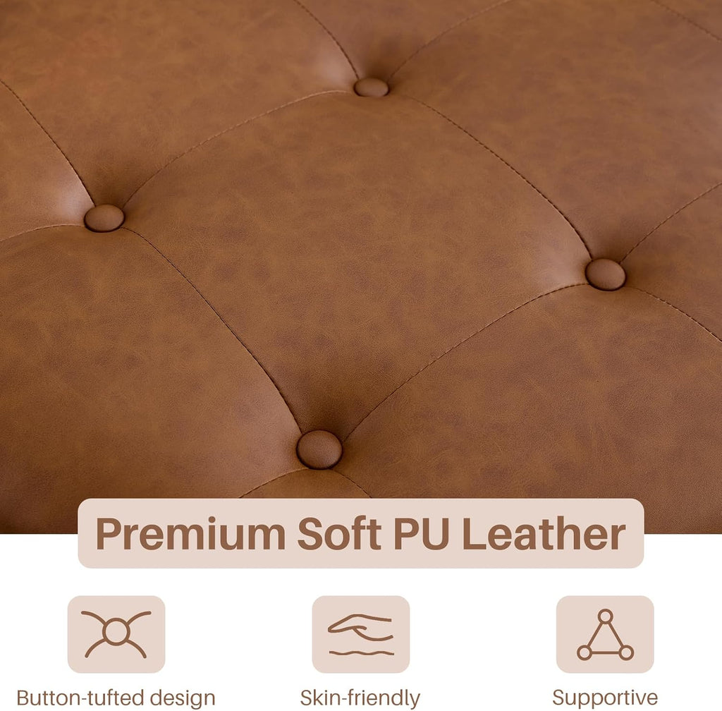 31.5 Inch Round Storage Ottoman Coffee Table with Shelf, PU Brown | Round faux leather storage ottoman coffee table