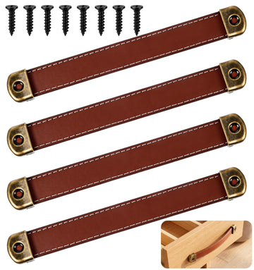 4 Pcs Leather Handle, Leather Drawer Pulls with Mounting Screws for Drawer