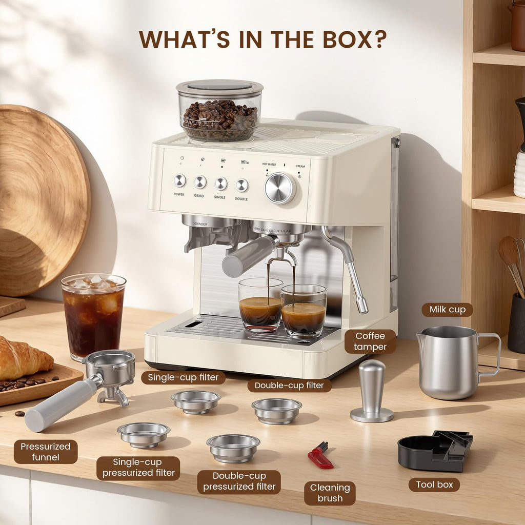 20-Bar Espresso Machine with Grinder, Automatic Coffee Maker Combo, Removable 77.8oz Water Tank, Milk Frothing Steam