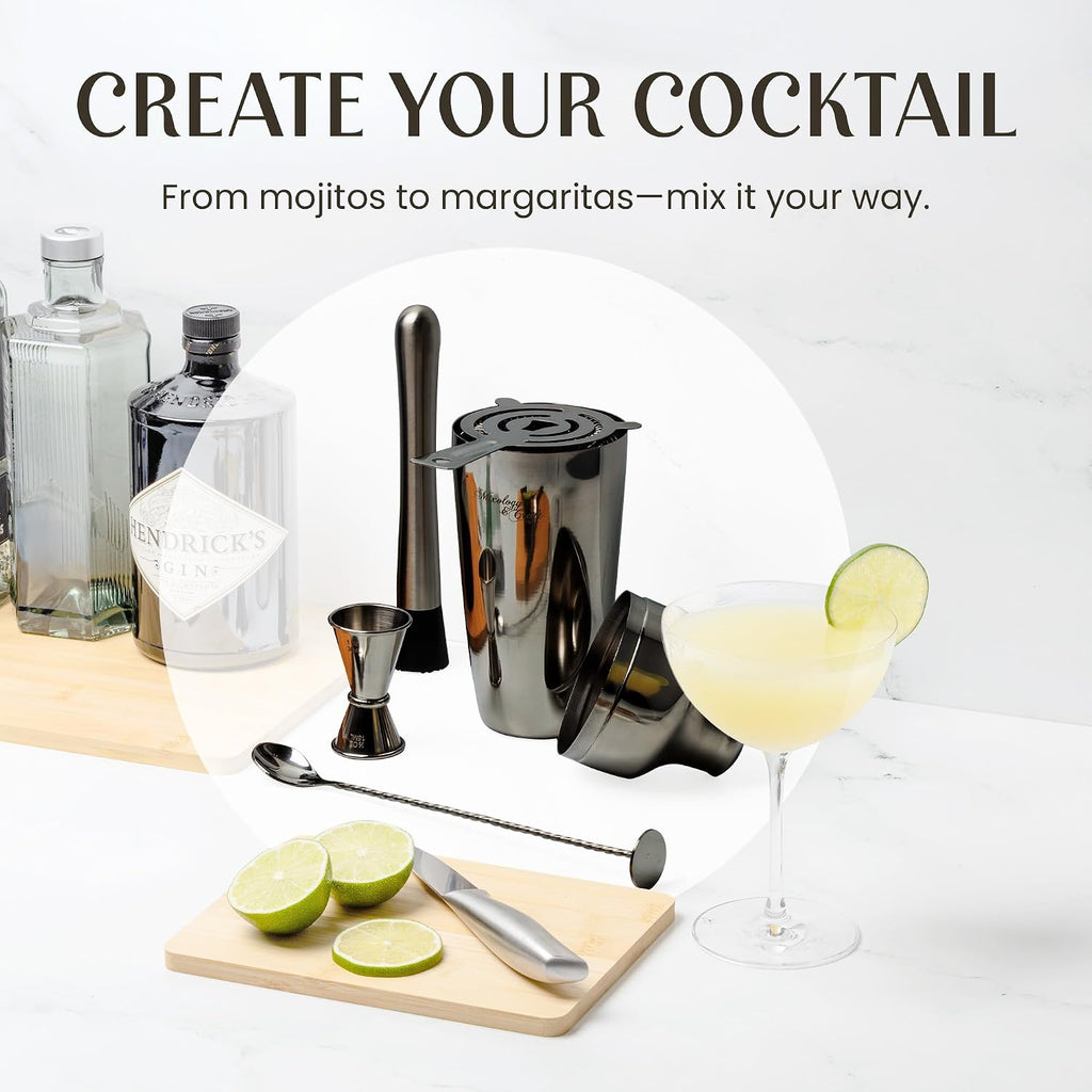 Cocktail Shaker Set with Bamboo Stand - Professional 10-Piece Bartender Kit, Complete Bar Set Use with Jigger - Set of 10