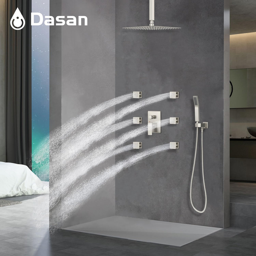 Full Body Shower System with 6 PCS Body Spray Jets & 12'' Rain Shower Head & Handheld, Ceiling Mount Rain Shower
