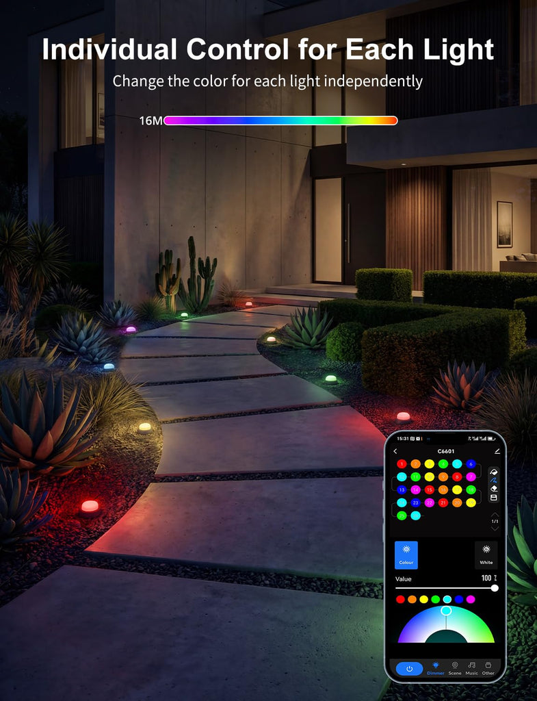 Outdoor Ground Lights 15 Pack, 32FT RGBCW Pathway Lights Wired