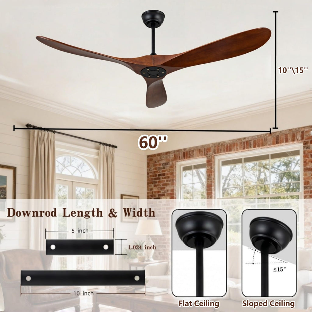 60 Inch Solid Wood Ceiling Fan Without Light, 3 Blade Modern Propeller Ceiling Fan with Remote Control, Quiet