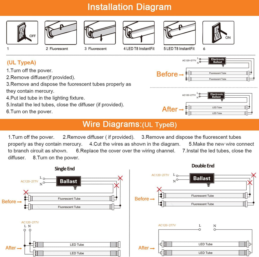 T8 LED 4FT Type A+B Light Bulbs 18W, 2300LM, G13 Base,Plug and Play or Ballast Bypass,T8 T10 T12 Fluorescent