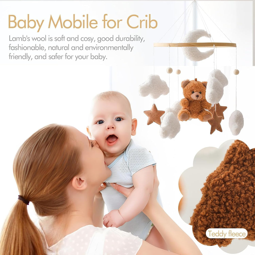 Baby Crib Mobile Bear Nursery Mobile for Boys Girls Teddy Velvet Mobile Nursery Decor for Infant Bedroom Hanging Baby