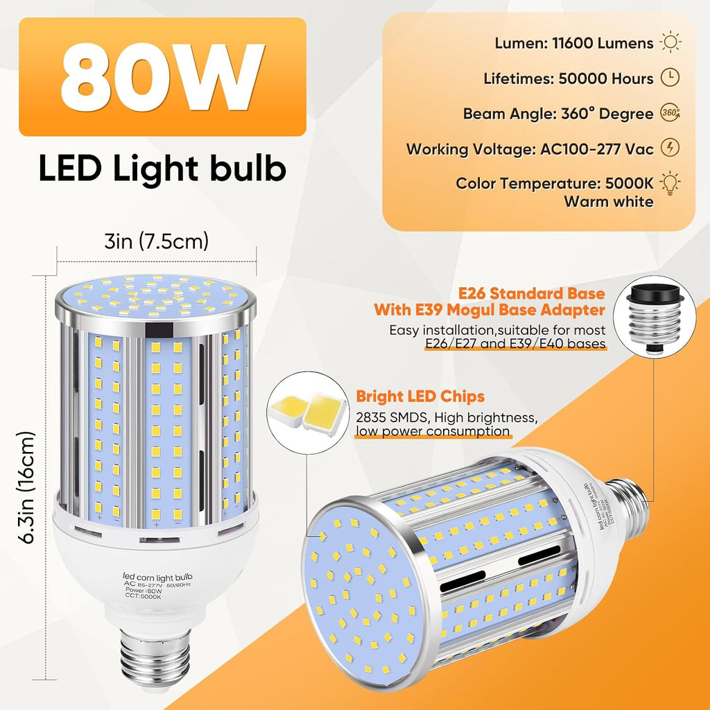 80W LED Corn Light Bulb(2 Pack),(800 Watt Equivalent) Fanless E26/E39 Medium/Large Mogul Base LED Cob Lamp 5000K