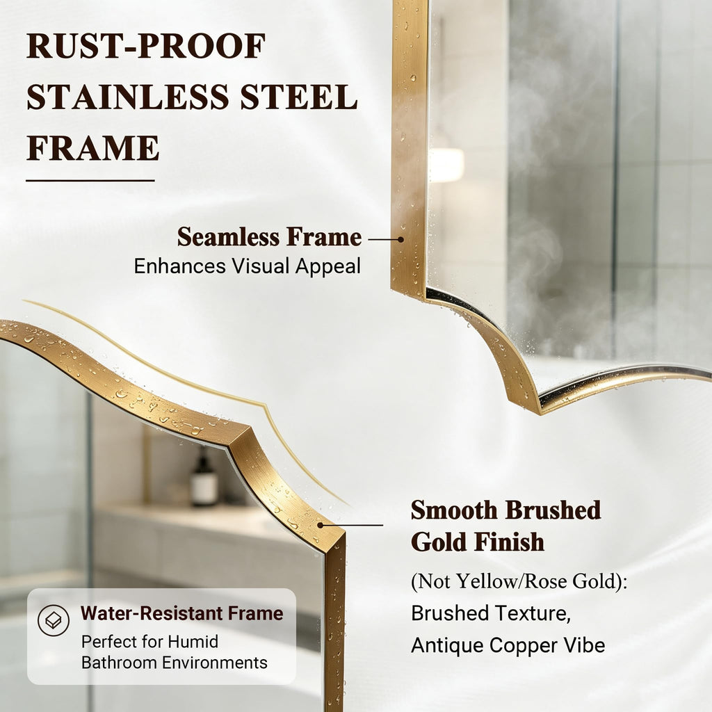 Bathroom Vanity Mirror, 24x36 Irregular Wall Mirror, Gold Antique Mirror, Asymmetrical Mirror in Anti-Rust Stainless