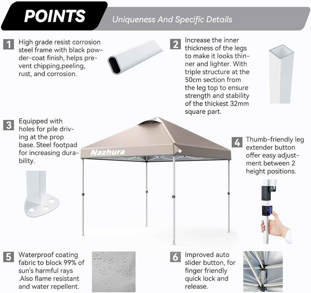 10' x 10' Pop Up Canopy Tent with Sand Weight Bag, Awing Freestanding Sun Shelter for Picnic and Camping - Kahki