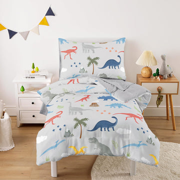 Toddler Bedding Set for Boys, Colorful Jurassic Dinosaur Volcano, 4 Pieces Soft Crib Bed Set Including Comforter