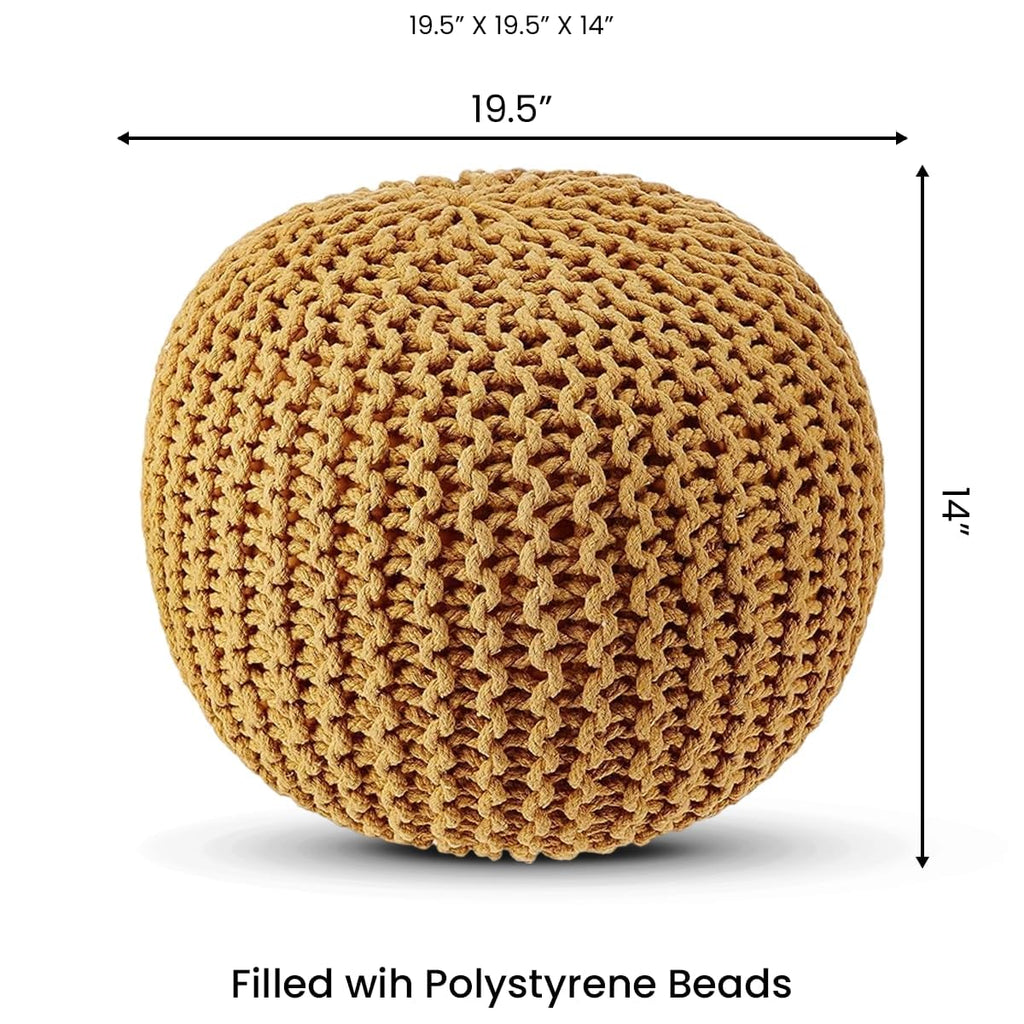 Round Pouf Ottoman - Hand Knitted Boho Poof - Mustard, Set of 2