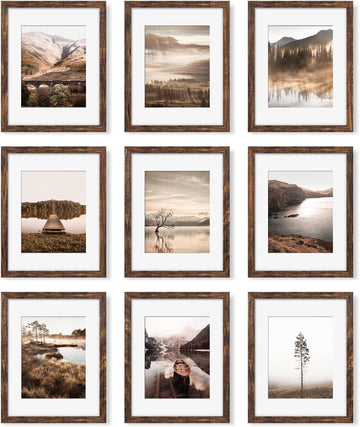 11x14 Picture Frame Set of 9, Photo Gallery Wall Frame Set, Display Pictures 8x10 with Mat or 11 x 14 Without Mat