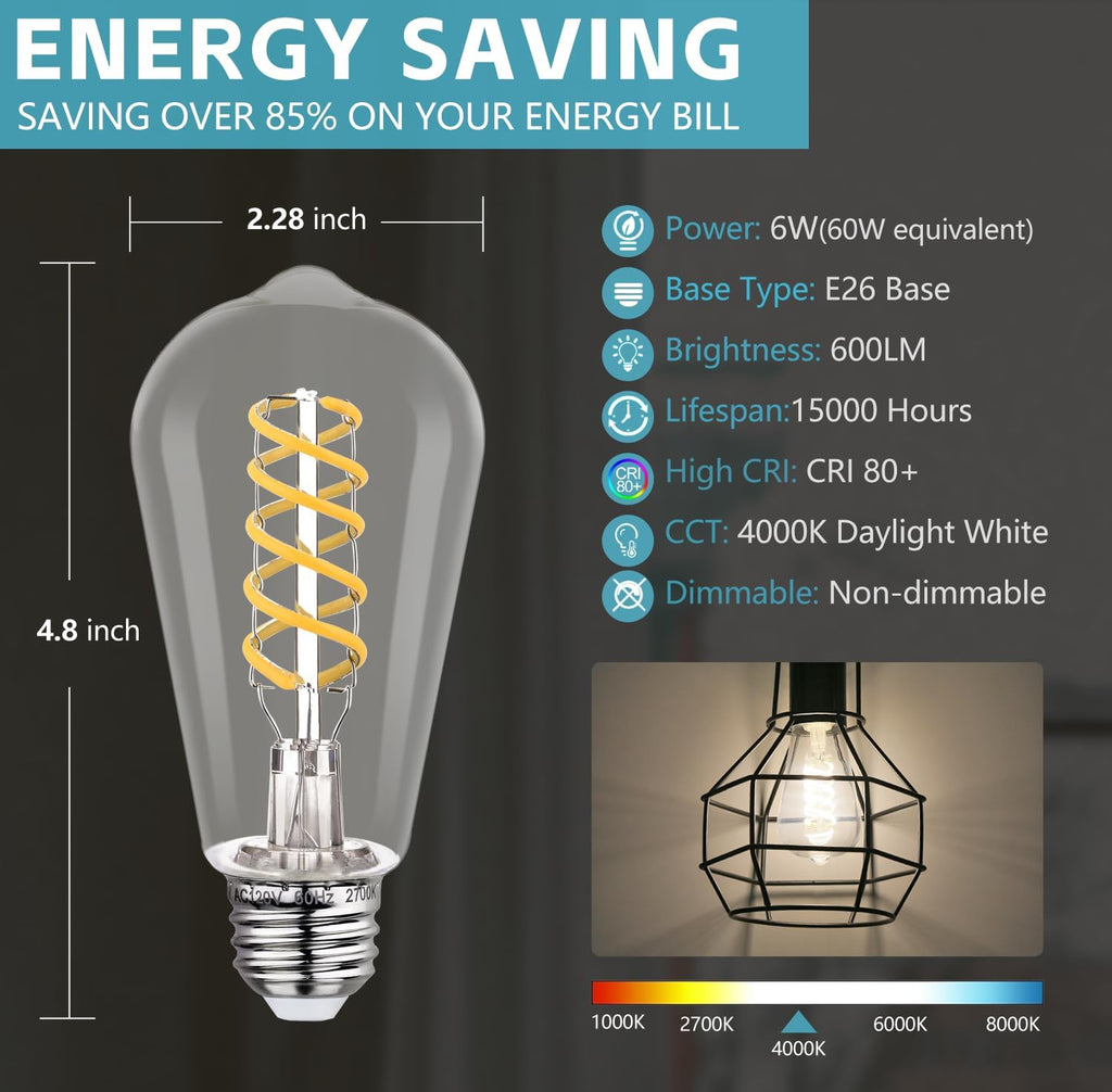 6 Pack Vintage LED Edison Bulbs, E26 Led Bulb 60Watt.