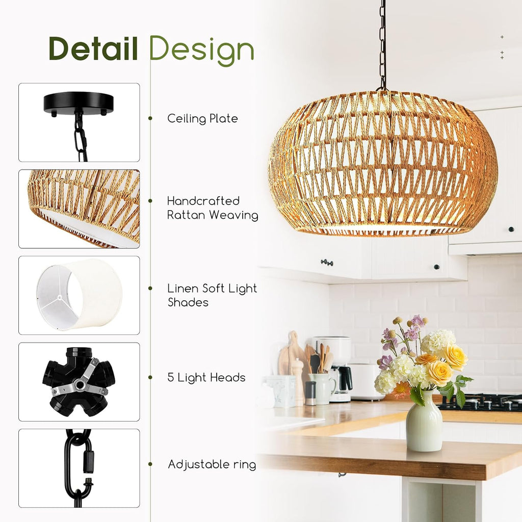 5-Lights Boho Rattan Chandelier for Dining Room, 19" Farmhouse Chandelier Light Fixtures with Fabric Shade, Large