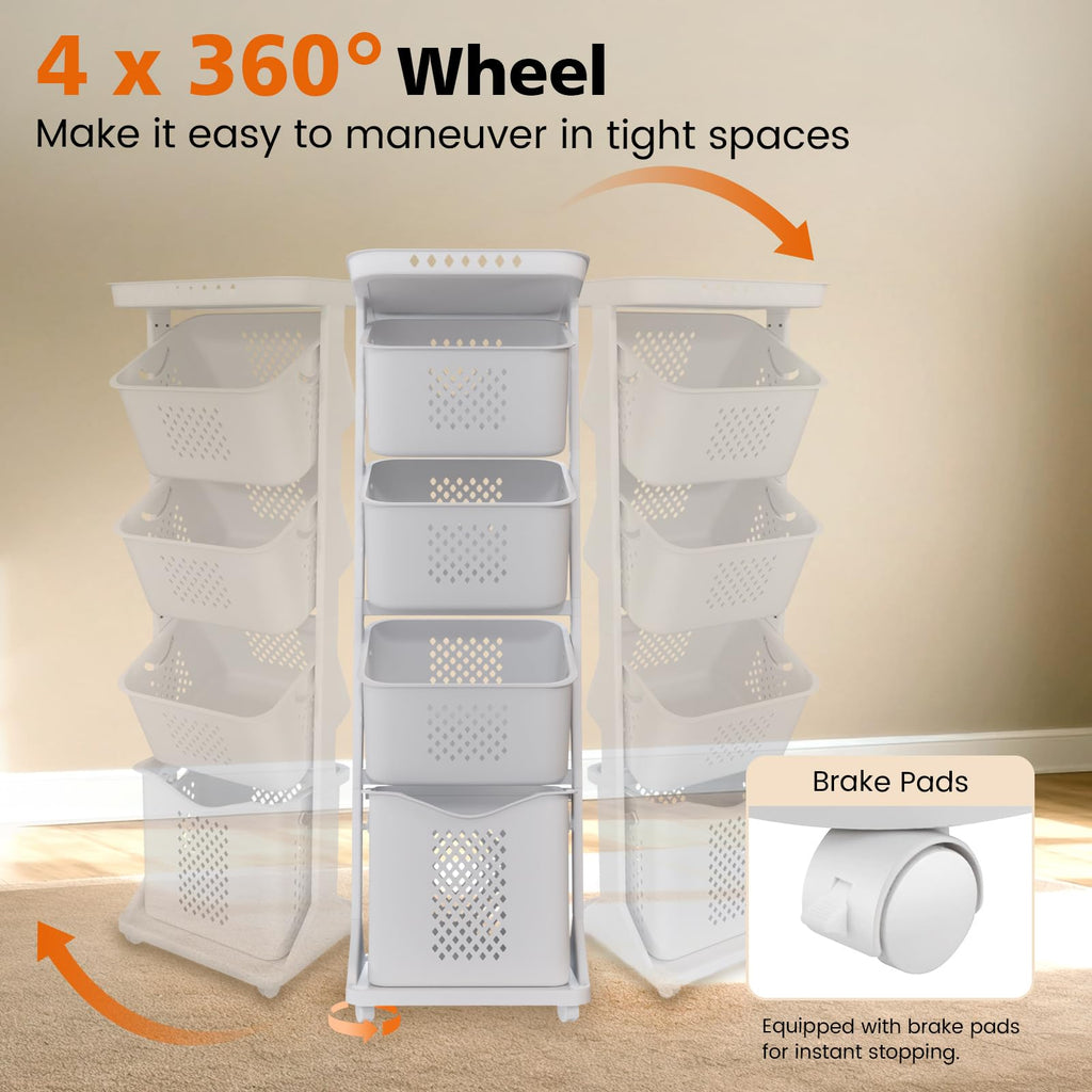 4-Tier Laundry Hamper Sorter, Vertical Laundry Baskets with Wheel