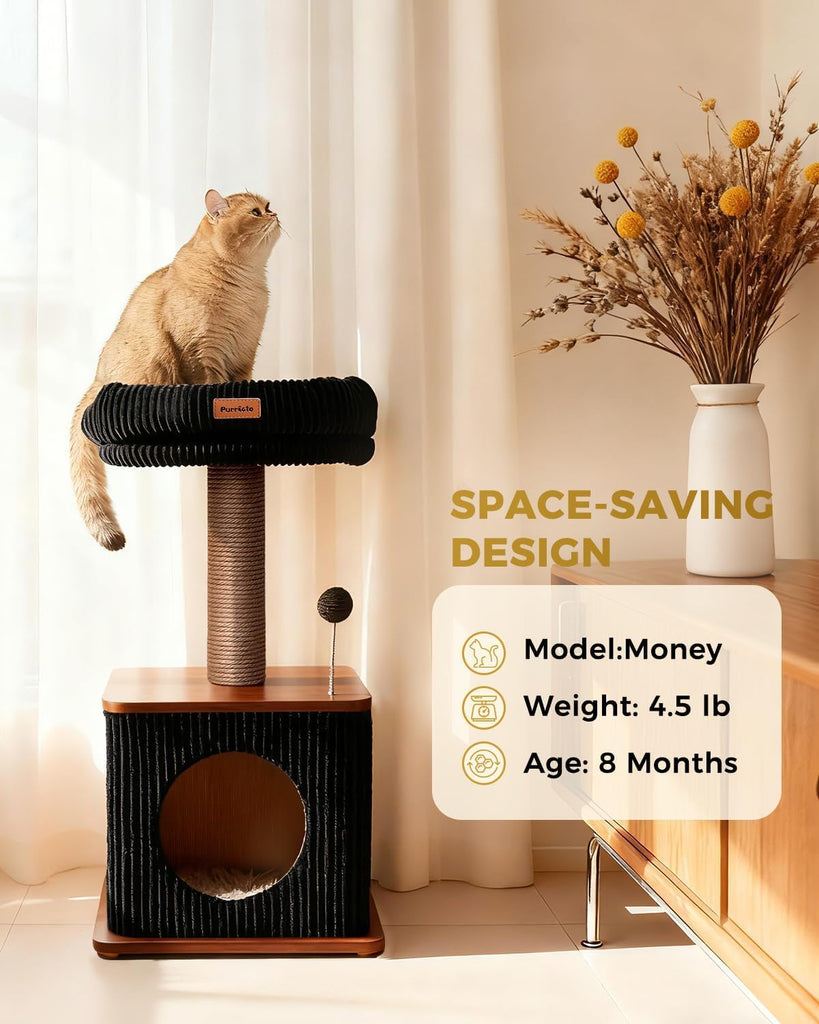 30" Small Cat Tree, Wood Cat Tower with Sisal Scratching Posts