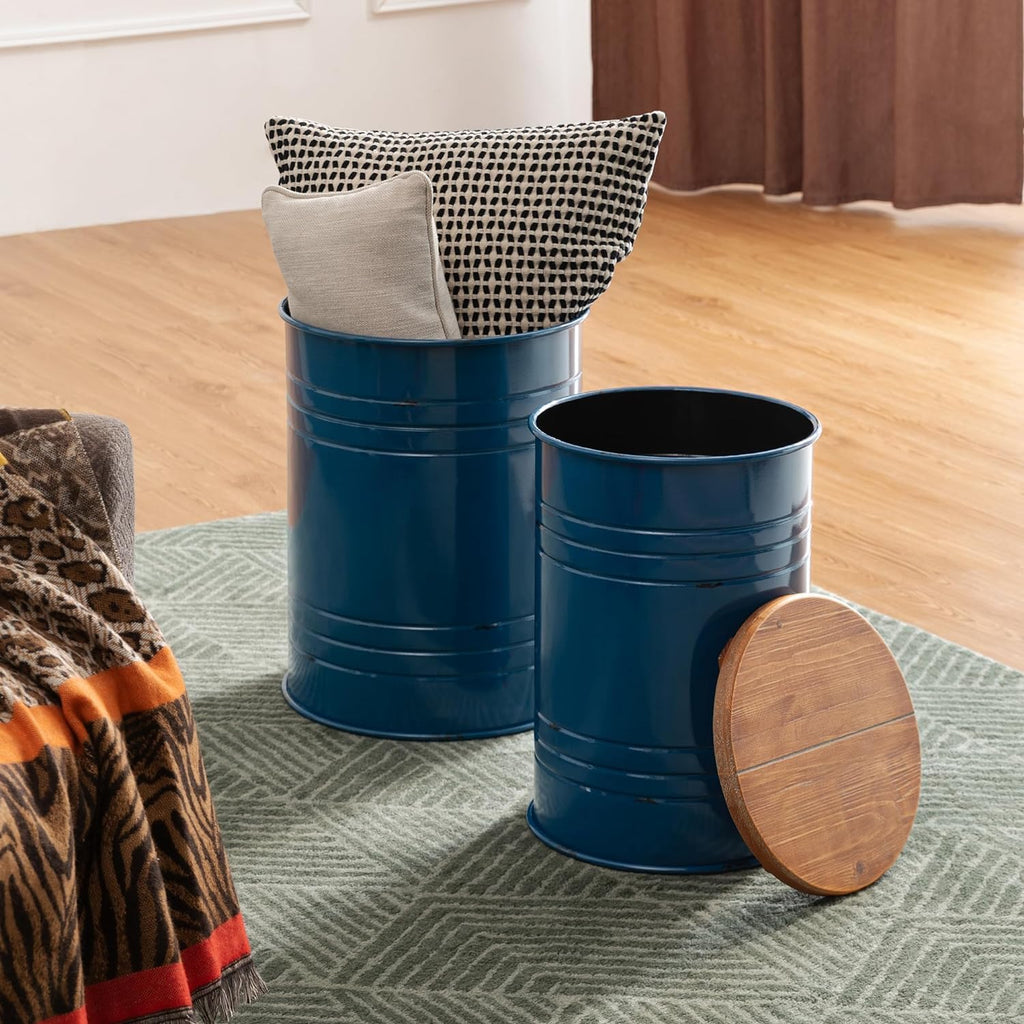 Nesting Tables, Round Coffee, Set of 2 Metal Farmhouse Small Accent End with Storage and Lid Office Plant Stander