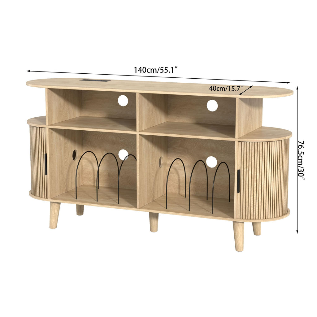 Large Round Record Player Stand with Charging Station & USB Ports
