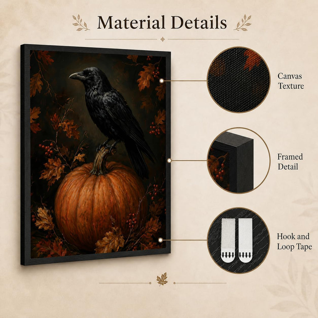 Framed Gothic Raven on Pumpkin Canvas Wall Art,Vintage Autumn Crow Painting,Dark Academia Print,Spooky Fall Wall