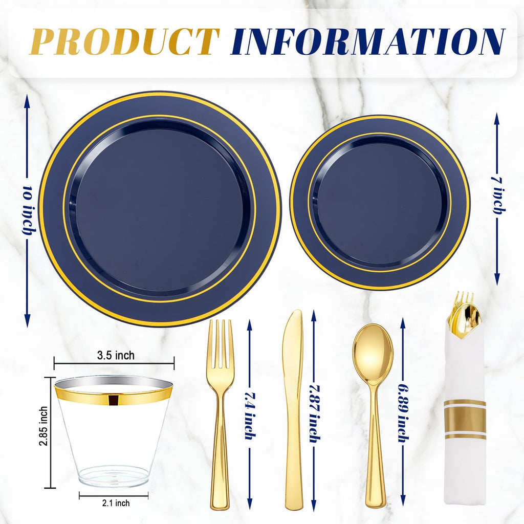 Navy Blue and Gold Plastic Plates with Rolled Napkins Include Dinner Plate 10'', Dessert Plate 7'', gold Cups