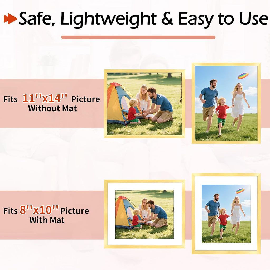 11x14 Picture Frame Set of 8, Gold Wall Gallery Hanging Photo Frames, Display Pictures 8x10 with Mat or 11x14 Without