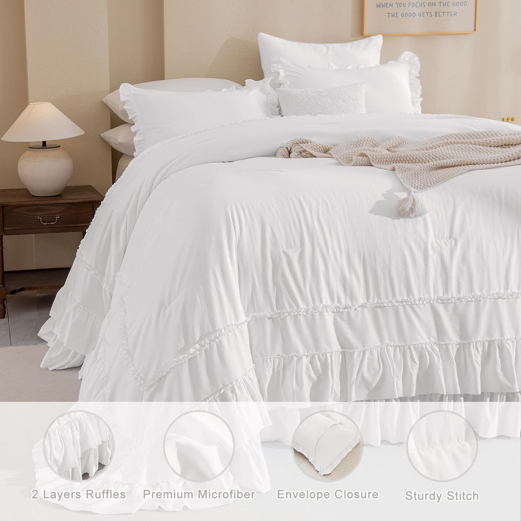 3PCs Natural White Ruffled Comforter 120x120, Shabby Boho Chic Farmhouse Ruffle Bed Comforter Set
