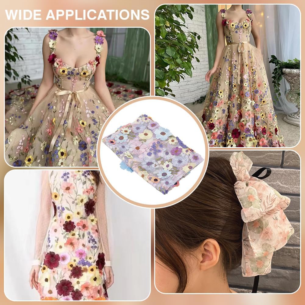 36 Inch 3D Flower Embroidery Lace Fabric Colorful Floral Mesh Fabric