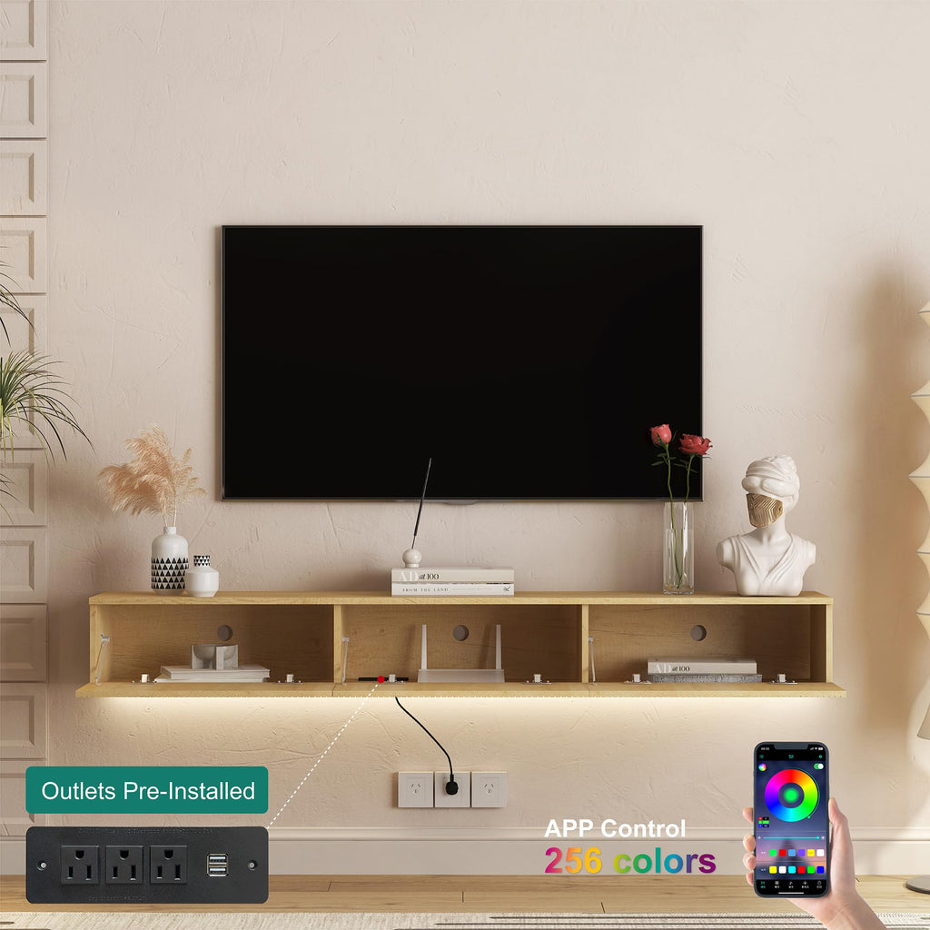 Natural Floating TV Stand, Fluted TV Console Wall Mounted, Floating Entertainment Center, Fluted TVs Cabinet Wood, Oak