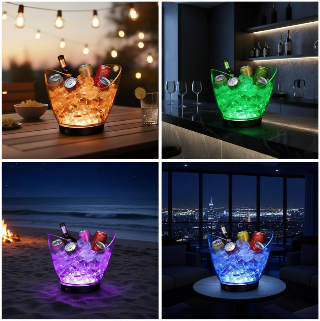 1 Pcs LED Ice Buckets 2L Clear Plastic Beer Buckets with LED Light RGB Colors Changing Cooler Container with Stand