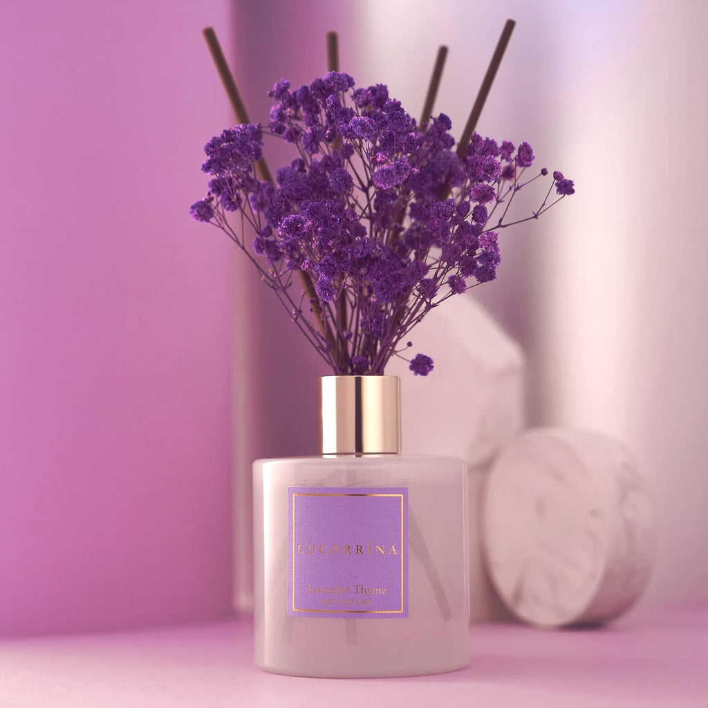Premium Reed Diffuser Set with Preserved Baby's Breath & Cotton Stick Lavender Thyme | 6.76 Fl.oz Scent Diffuser - Set of 10
