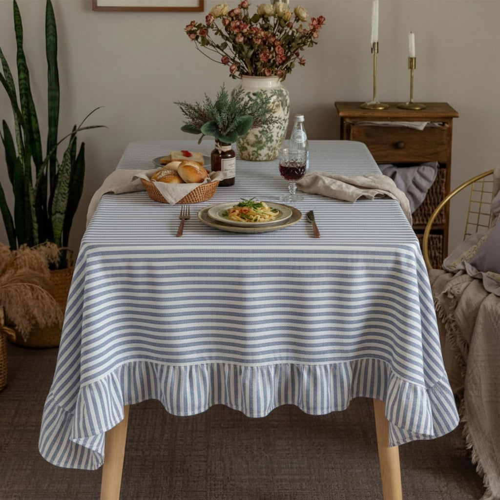 Cotton Striped Tablecloth Rectangle 52" X 70" Blue White