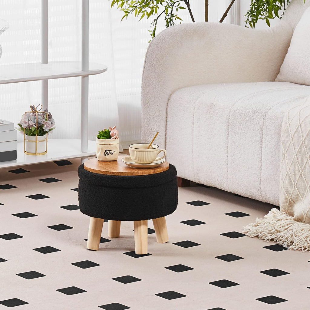Storage Ottoman, Modern Round Footrest with Soft Padded Seat, Teddy Velvet Footstool with Wood Legs, Accent Small