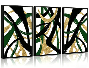 3-Pcs Framed Abstract Wall Art, Black Green Gold Line prints, 12x16in