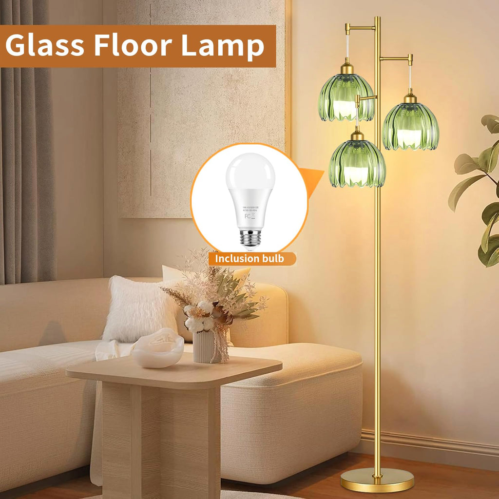 Gold Floor Lamp Bedroom, Modern Tree Floor Lamps with Green Glass Shades, 68IN Tall Standing Lamp with Bulbs, 3 Lights