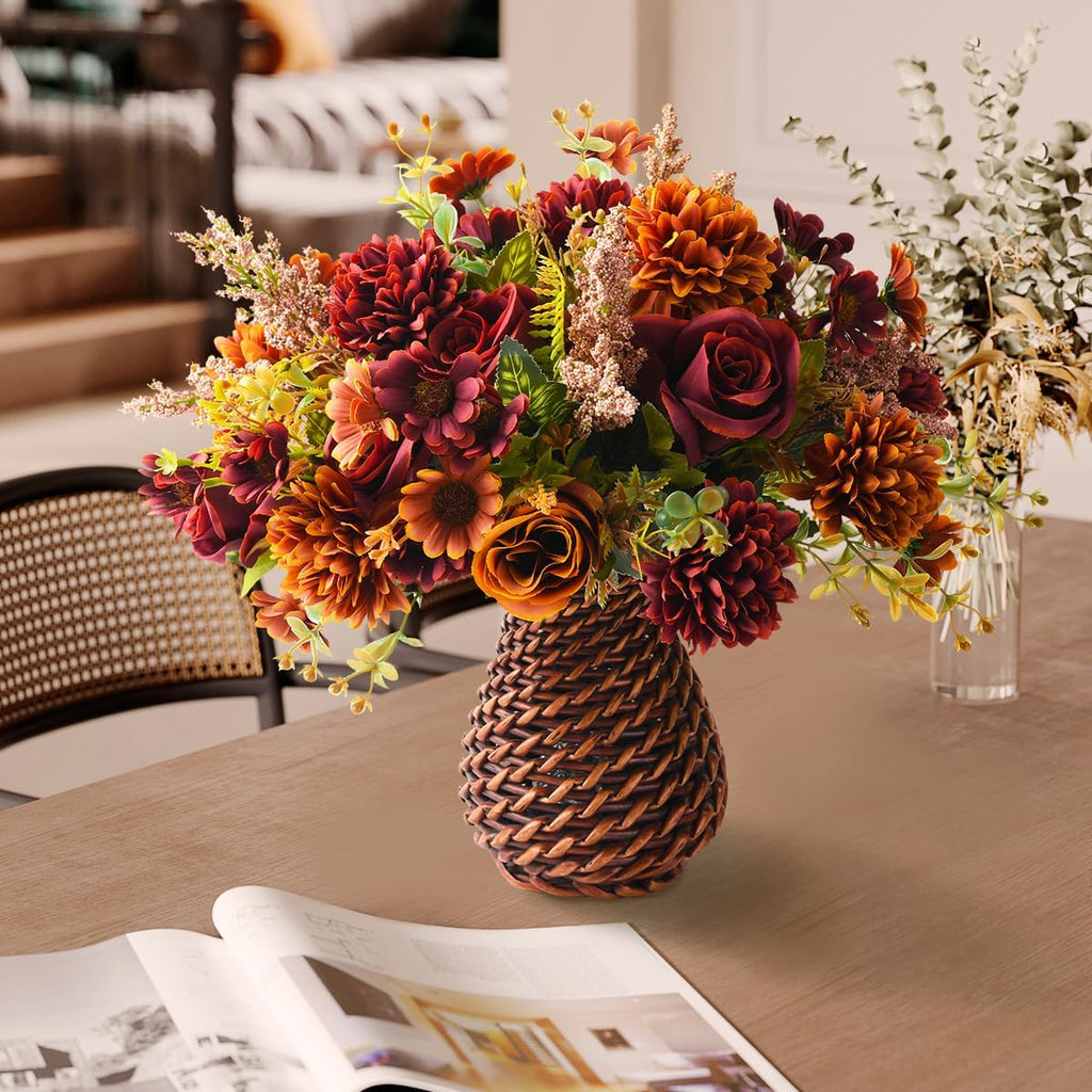 Fall Artificial Faux Flowers in Vase Fake Silk Rose Bouquets Indoor Decor - Set of 4