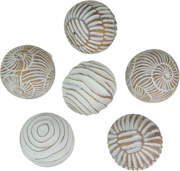 Set of 6 Decorative Orbs, 3 Inch Whitewashed Geometric Resin Spheres | Three Distinct Designs, Hand-Carved Wood Look