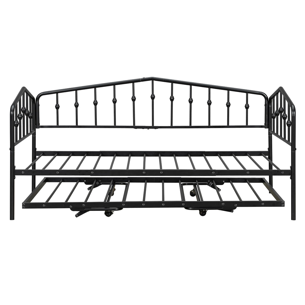 Daybed with Trundle, Metal Daybed with Vintage Headboard, to Extendable Bed Frame, No Box Spring