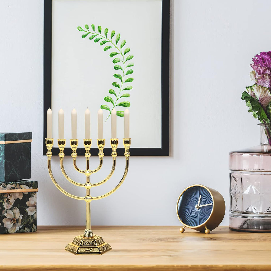 Israel 7-Branch Candle Holder - Golden Metal Candelabrum for Hanukkah, Jewish Decor, and Gifts - 6.68 X 5.31 X 2.55