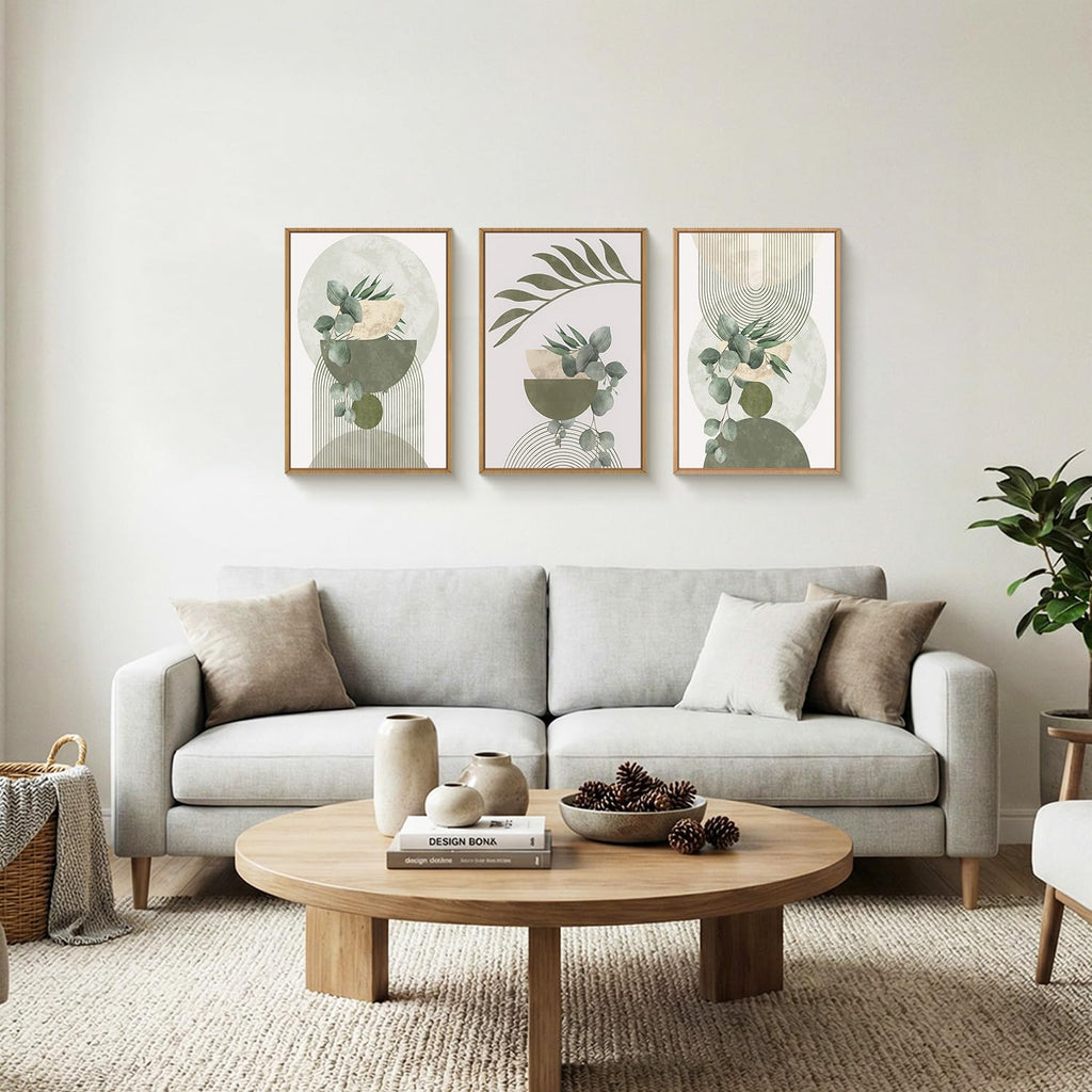 Sage Green Plant Canvas Wall Art Set 3, Abstract Geometric Line Botanical Framed Prints, Beige Minimalist Boho Leaf