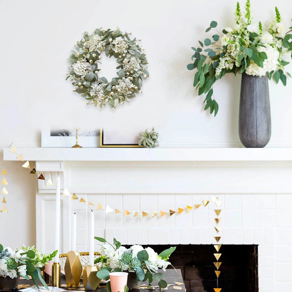 22 Inch Lambs Ears Leaves Everyday Wreath with Ivory Hydrangea and Cream Berries, Spring Summer Greenery Wreath with