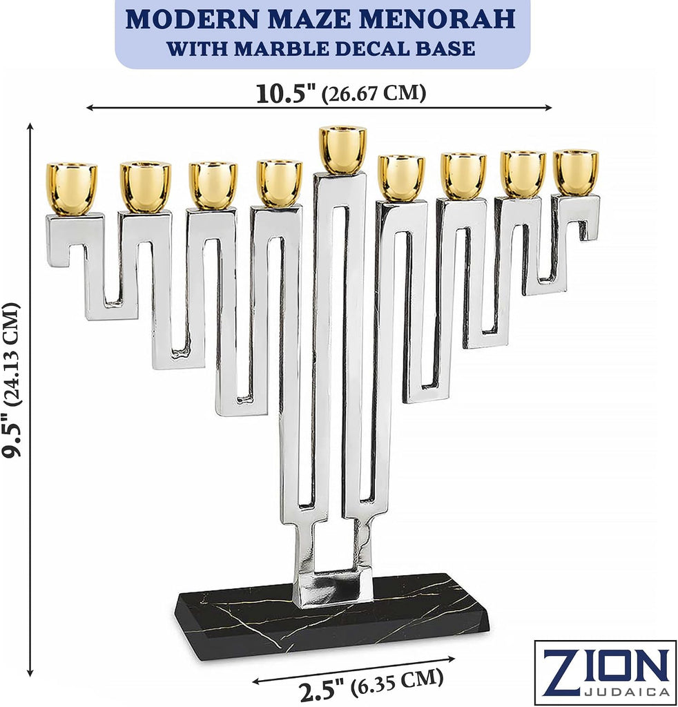 Artistic Nickel Plated Chanukah Candle Traditional Shape in a Modern Maze Hanukkiah Elegant Marble Decal Decorated